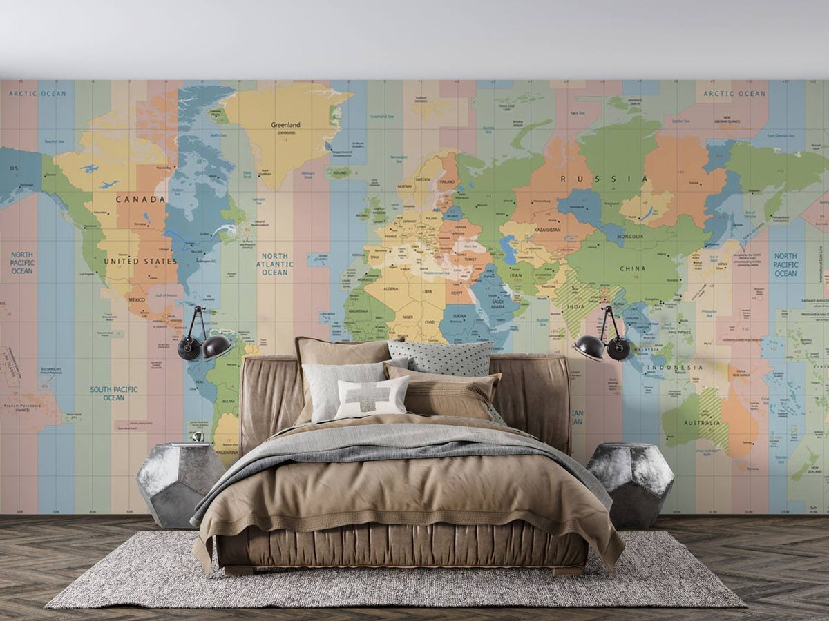 Educational World Map Mural Wallpaper in bedroom setting with brown bedding, grey rug, and wooden flooring.