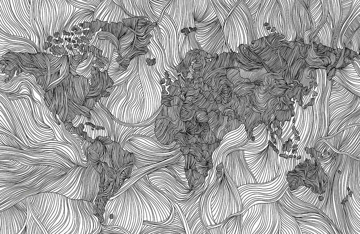 Monochrome World Map Mural Wallpaper - Intricate Artistic Swirl Pattern Design