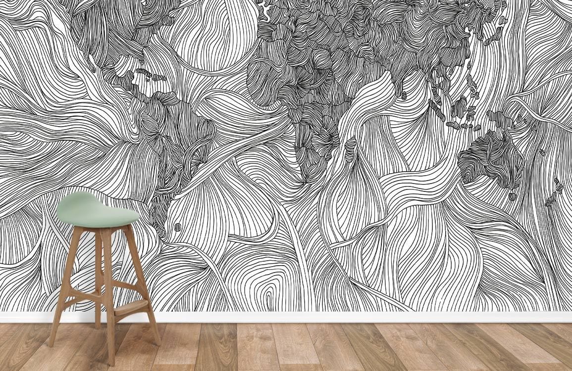 Monochrome world map mural wallpaper; intricate swirl, wooden flooring, modern chair, artistic decor accent.