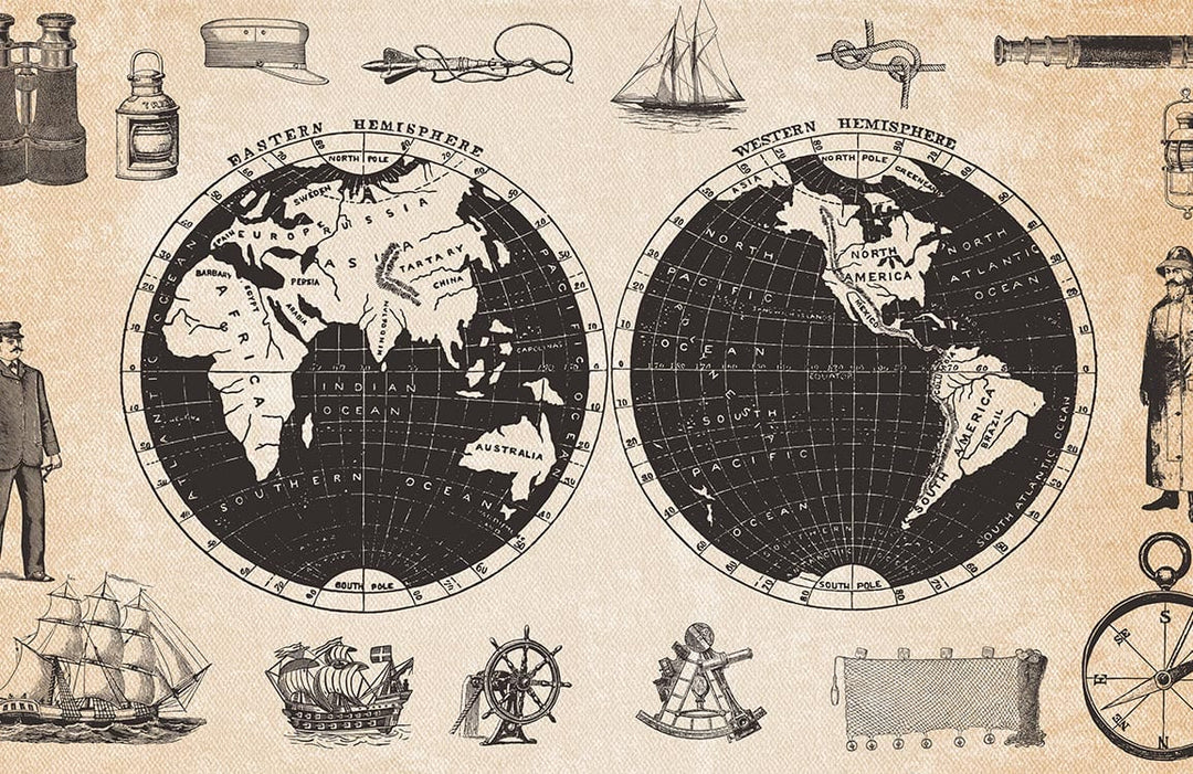 Vintage Nautical Map Mural Wallpaper, Sepia Tones, Antique World Explorer Design