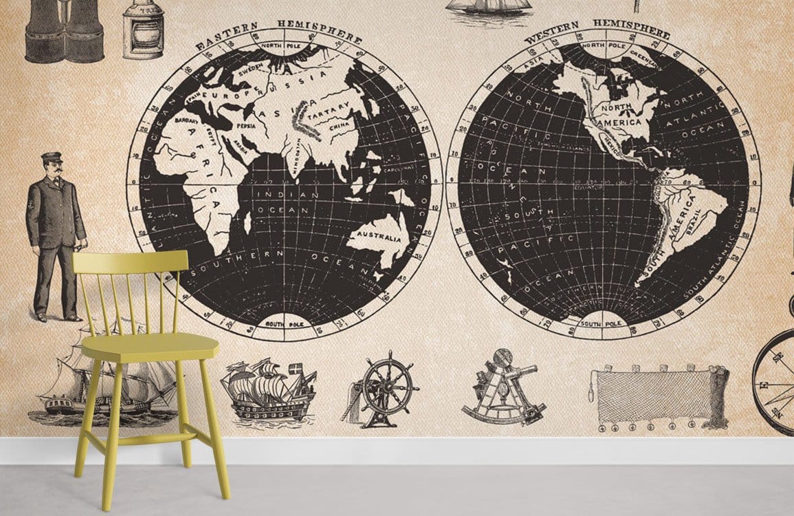 Vintage Nautical Map Mural Wallpaper, sepia tones, antique explorer design in living room, yellow chair.