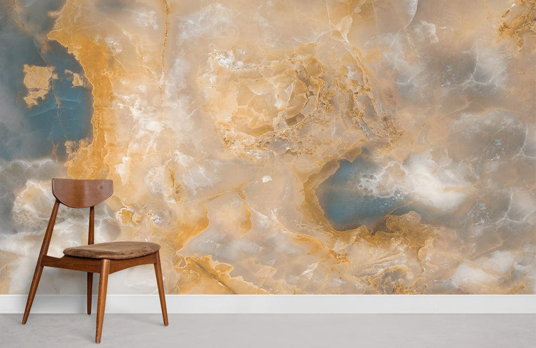 Golden Marble Dream Luxe Onyx Wallpaper with neutral chair; warm earthy tones enhancing modern decor.