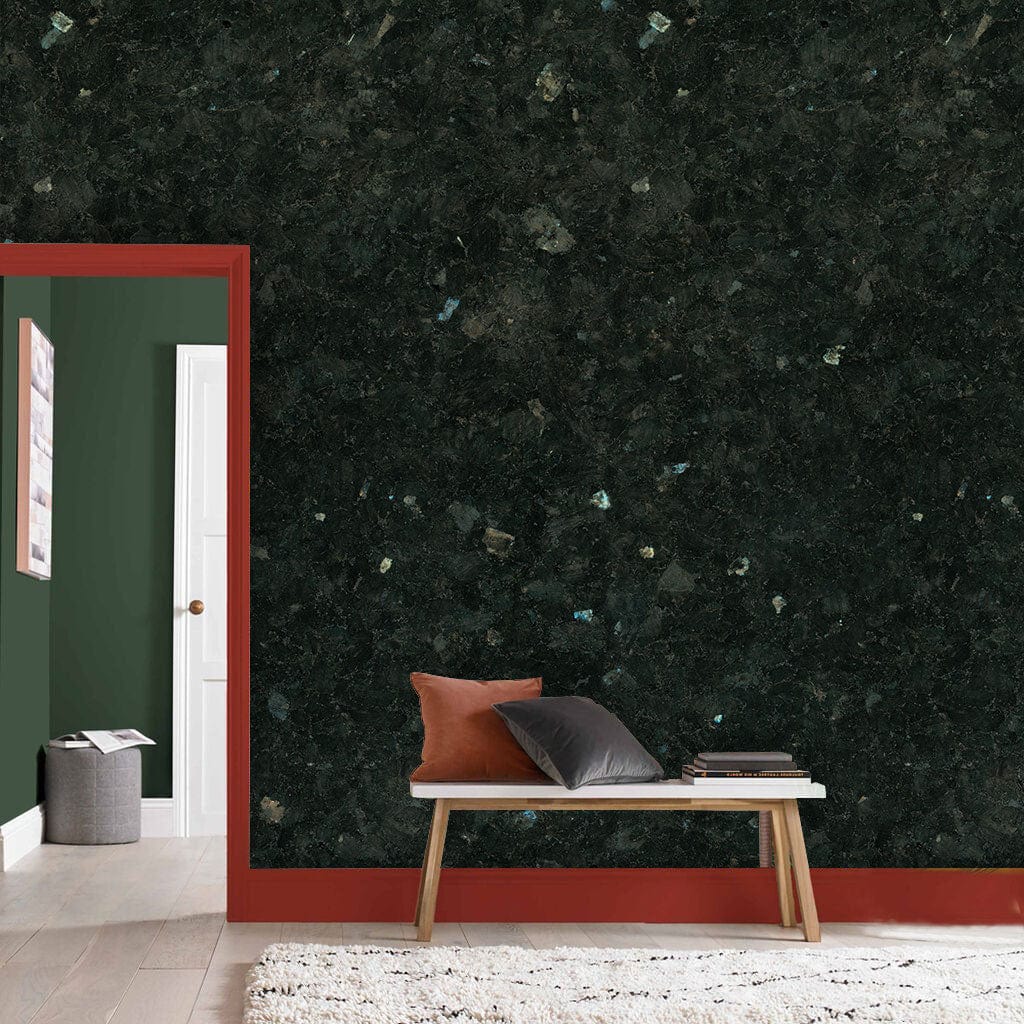 Elegant Midnight Granite Dark Green Wallpaper; room with wooden flooring, modern sofa and textured wall.