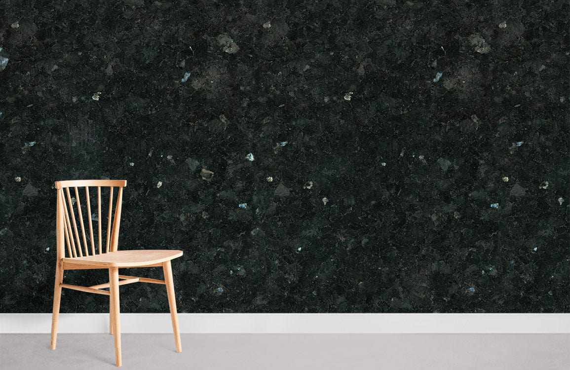 Elegant Midnight Granite dark green wallpaper, natural wooden chair on light concrete flooring, stylish room setting.