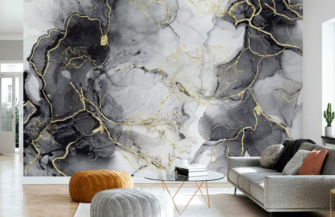Luxurious black and gold marble mural wallpaper, modern interior, grey sofa, wooden floor, abstract design.
