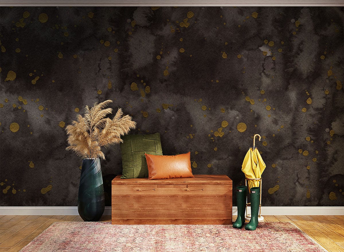 Luxurious abstract black and gold mural wallpaper, wooden bench, cushions, rug, wooden flooring, umbrella stand.