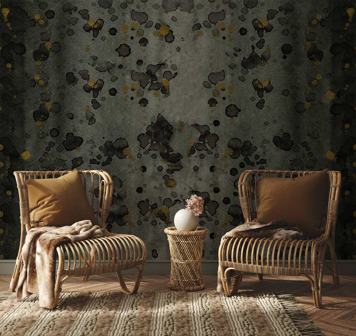 Abstract Charcoal and Gold Wallpaper with Rattan Chairs, Patterned Rug, and Modern Watercolour Design.