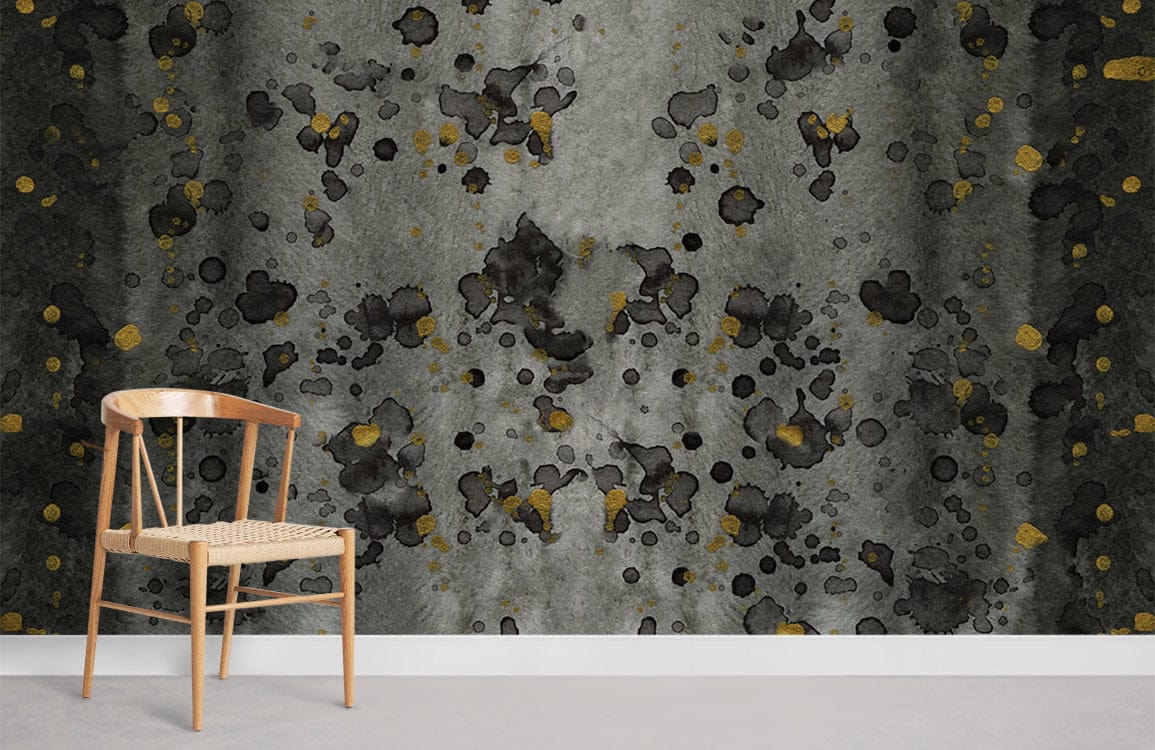 Abstract charcoal and gold wallpaper with wooden chair, modern pattern design enhancing minimalist room style.