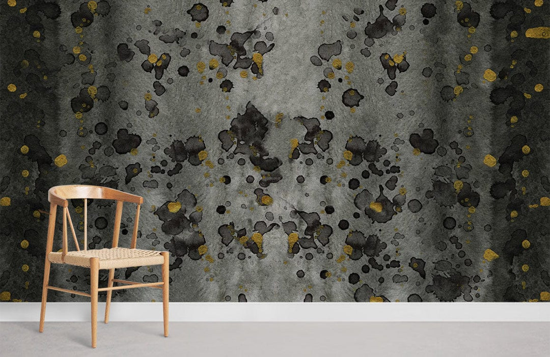 Abstract charcoal and gold wallpaper with wooden chair, modern pattern design enhancing minimalist room style.