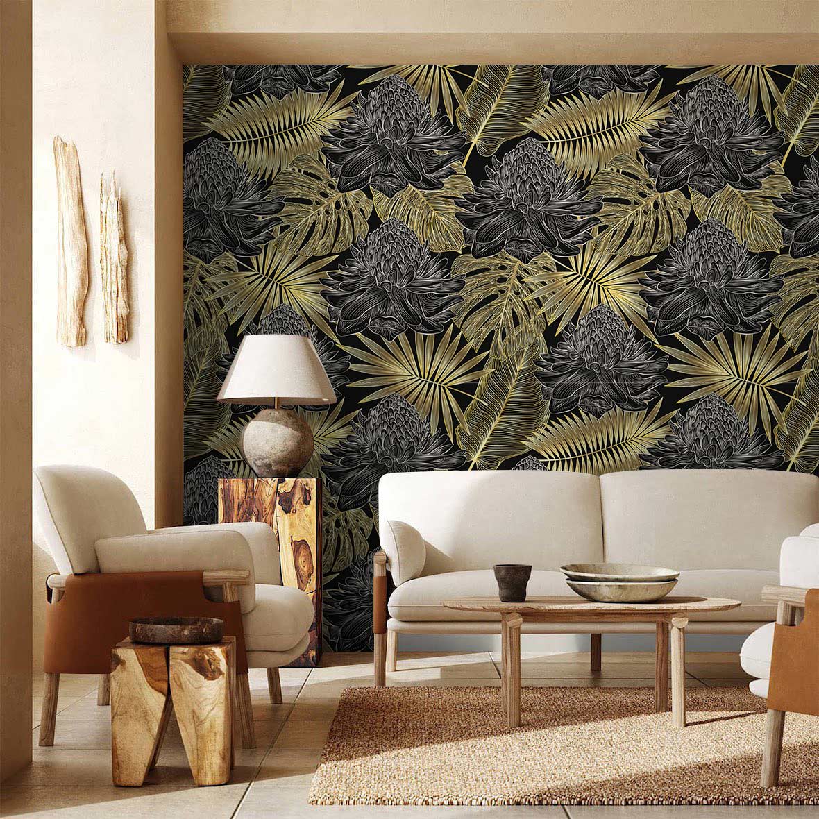 Luxurious tropical leaf wallpaper enhances elegant living room with beige sofas, wood accents, modern style.