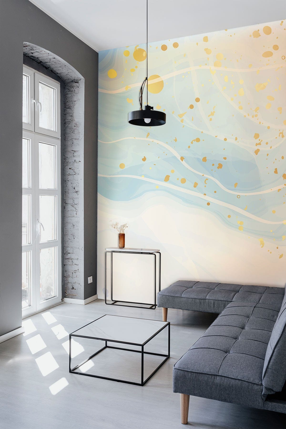 Elegant Blue Gold Mural Wallpaper, grey sofa, modern white room, wooden flooring, metal side tables.
