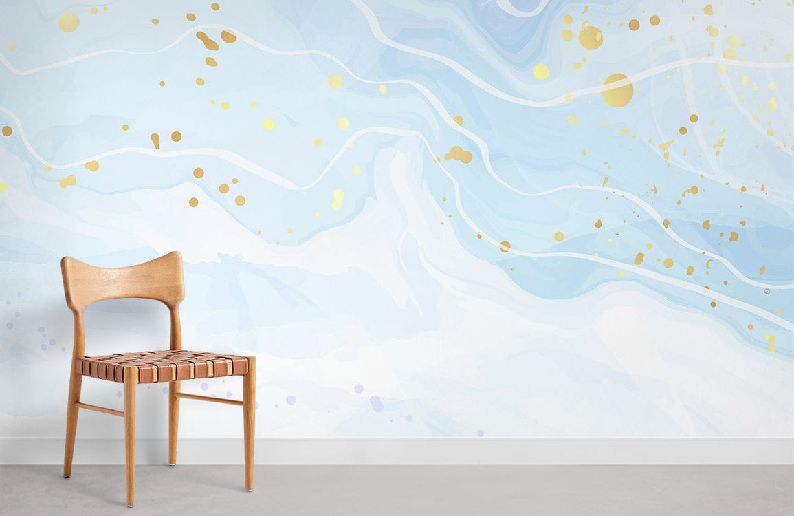 Elegant Blue and Gold Marble Wave Watercolour Mural Wallpaper Design with wooden chair, modern interior.