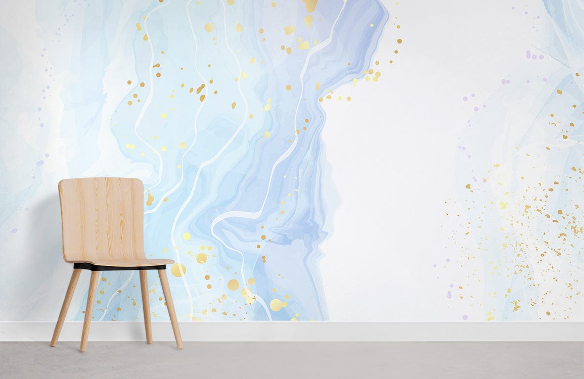 Elegant blue and gold abstract wall mural with wooden chair on grey floor in a modern room.