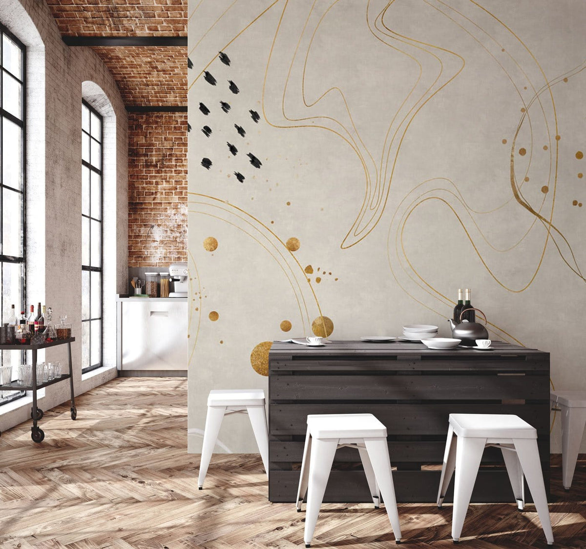 Elegant Gold Abstract Lines and Dots Wallpaper in Modern Kitchen with Industrial Brick Wall Design.