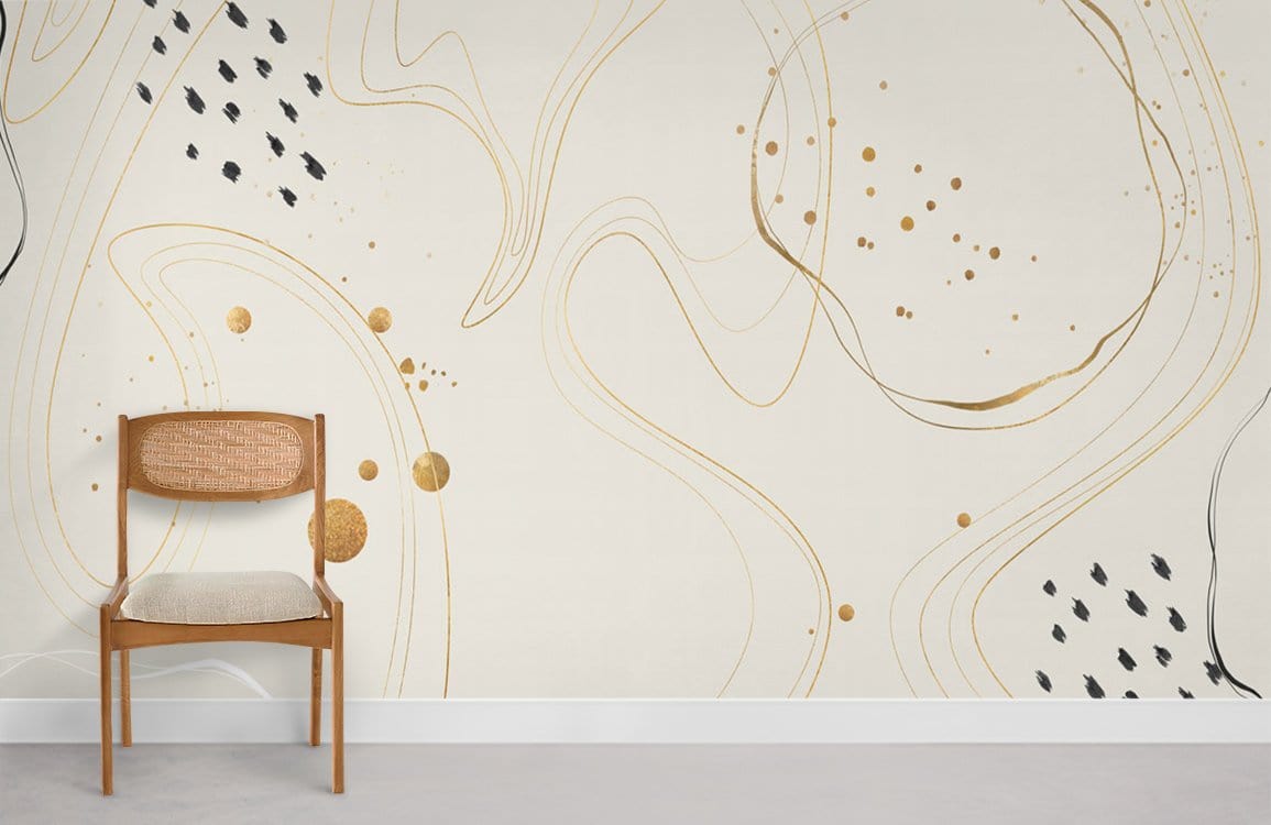 Elegant gold abstract lines dots modern wallpaper, wooden chair, cream elegant room design.