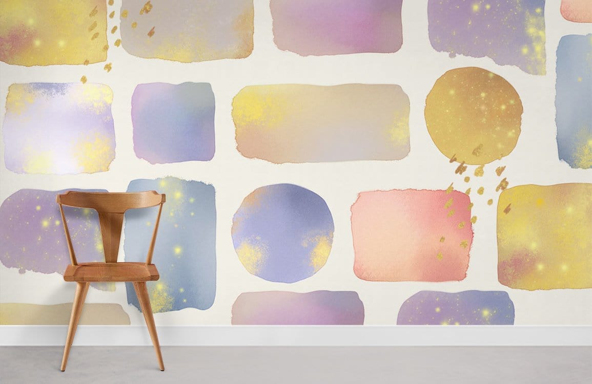 Pastel Dreamscape Watercolour Brick Pattern Mural Wallpaper with Gold Accents, Mid-century Chair, Grey Floor.