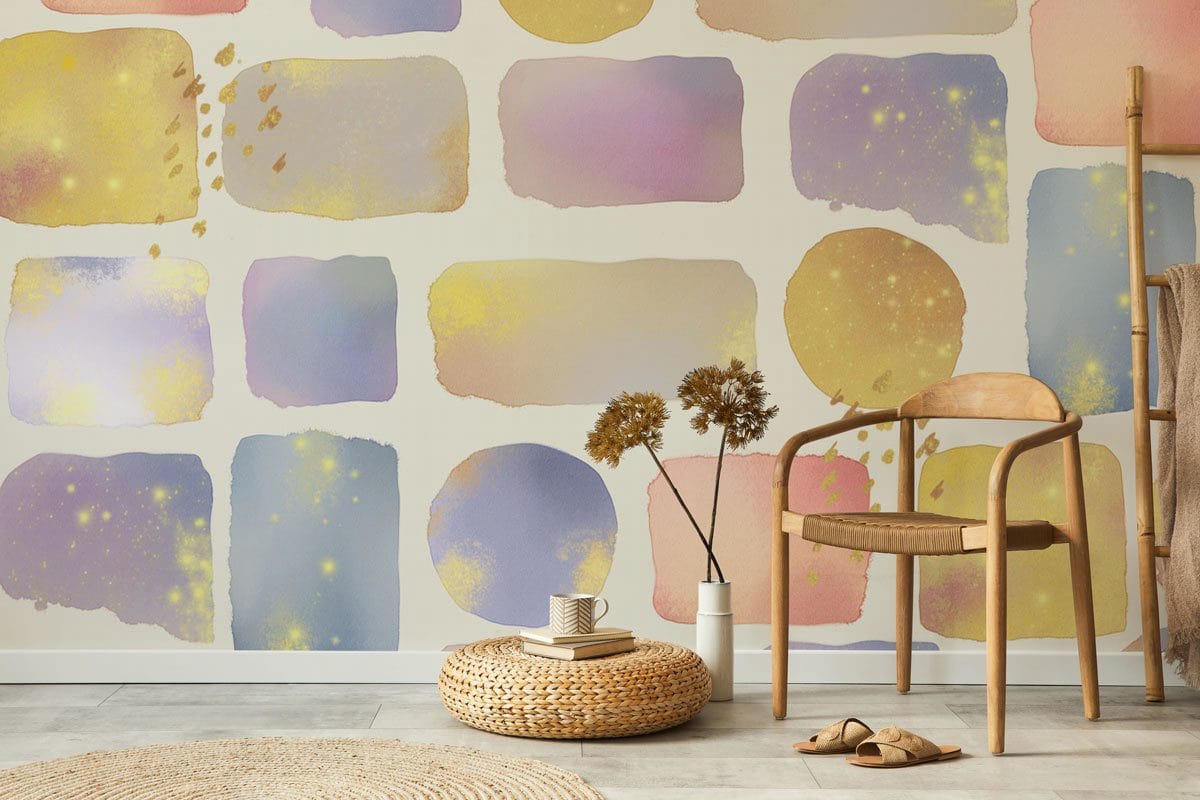 Pastel Dreamscape watercolour brick mural with subtle gold accents in stylish living room with wooden chair.