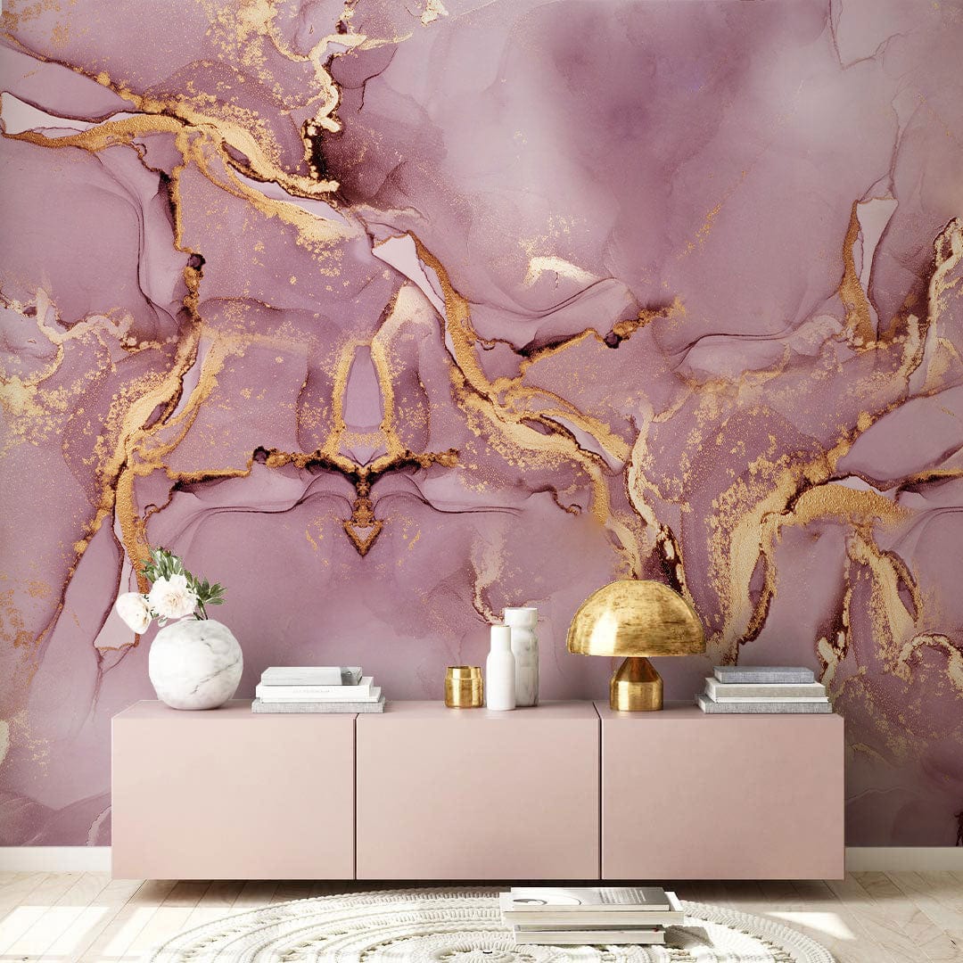 Luxurious Gold Mauve Marble Abstract Mural Wallpaper in elegant living room with mauve sideboard.