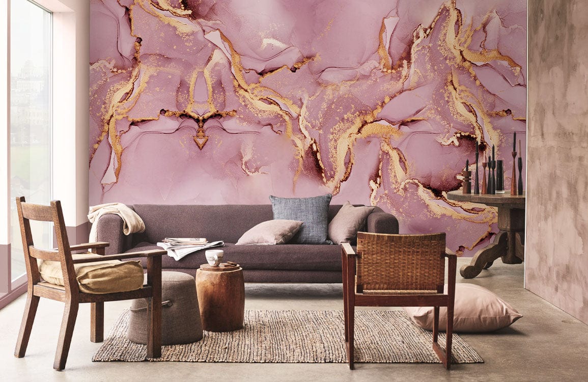 Luxurious marble mural wallpaper in living room, mauve velvet sofa, rustic wooden chairs, concrete flooring.