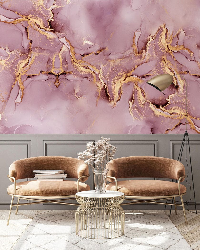Luxurious Gold and Mauve Marble Wallpaper, mauve velvet sofas, gold floor lamp, elegant living room.