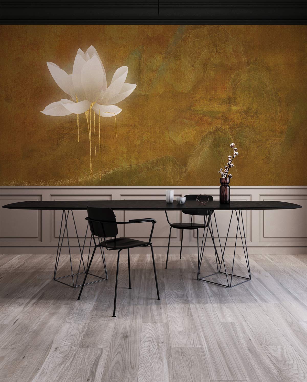 Golden Lotus Blossom Mural Wallpaper in dining room with black table, modern chairs, wooden flooring.