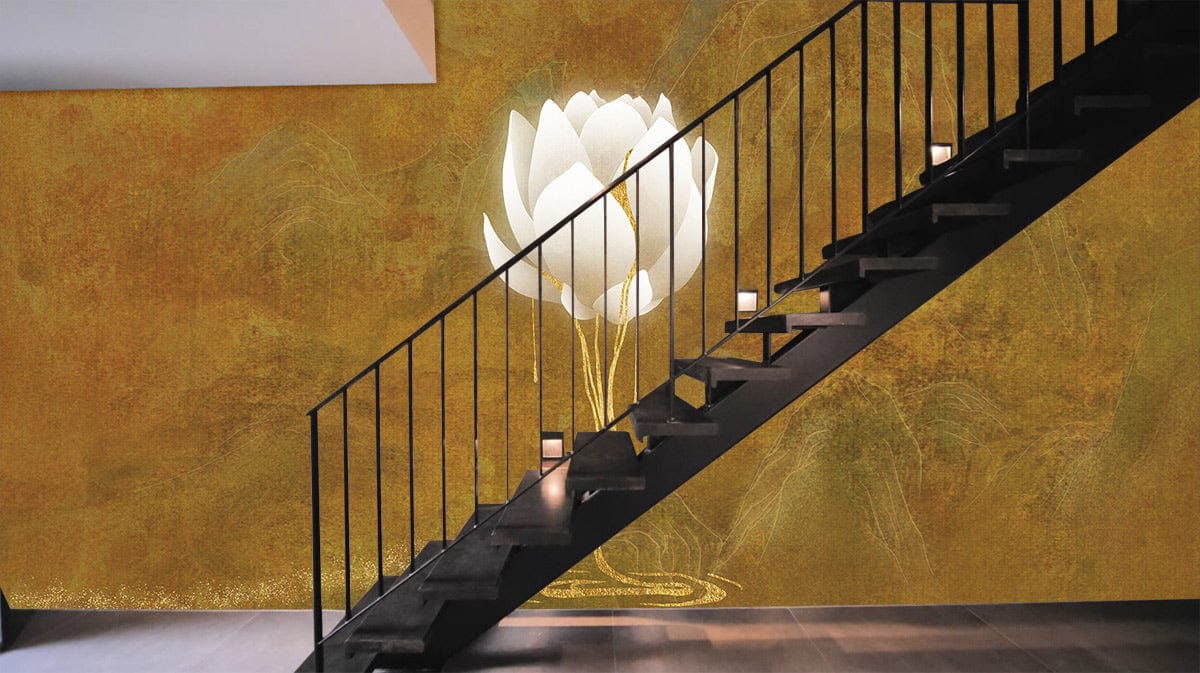 Elegant Lotus Blossom wallpaper in serene golden brown with black staircase, modern minimalist decor.