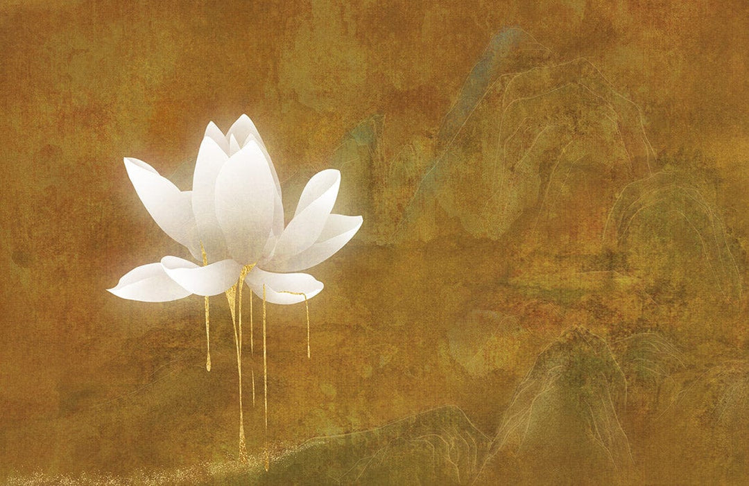 Golden Lotus Blossom Mural Wallpaper - Elegant Oriental Floral Design