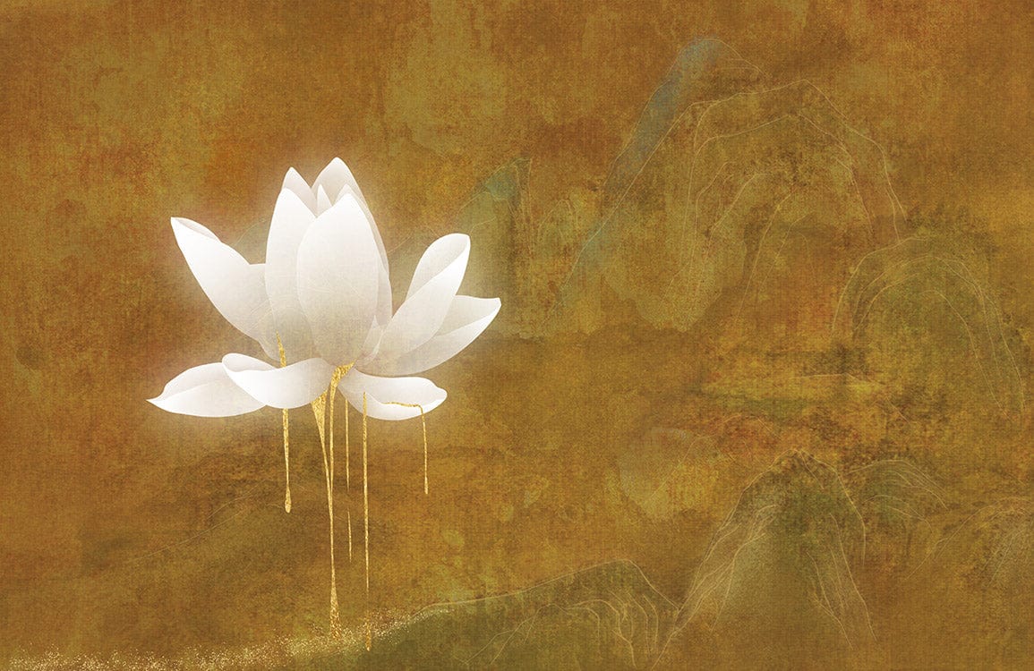 Golden Lotus Blossom Mural Wallpaper - Elegant Oriental Floral Design