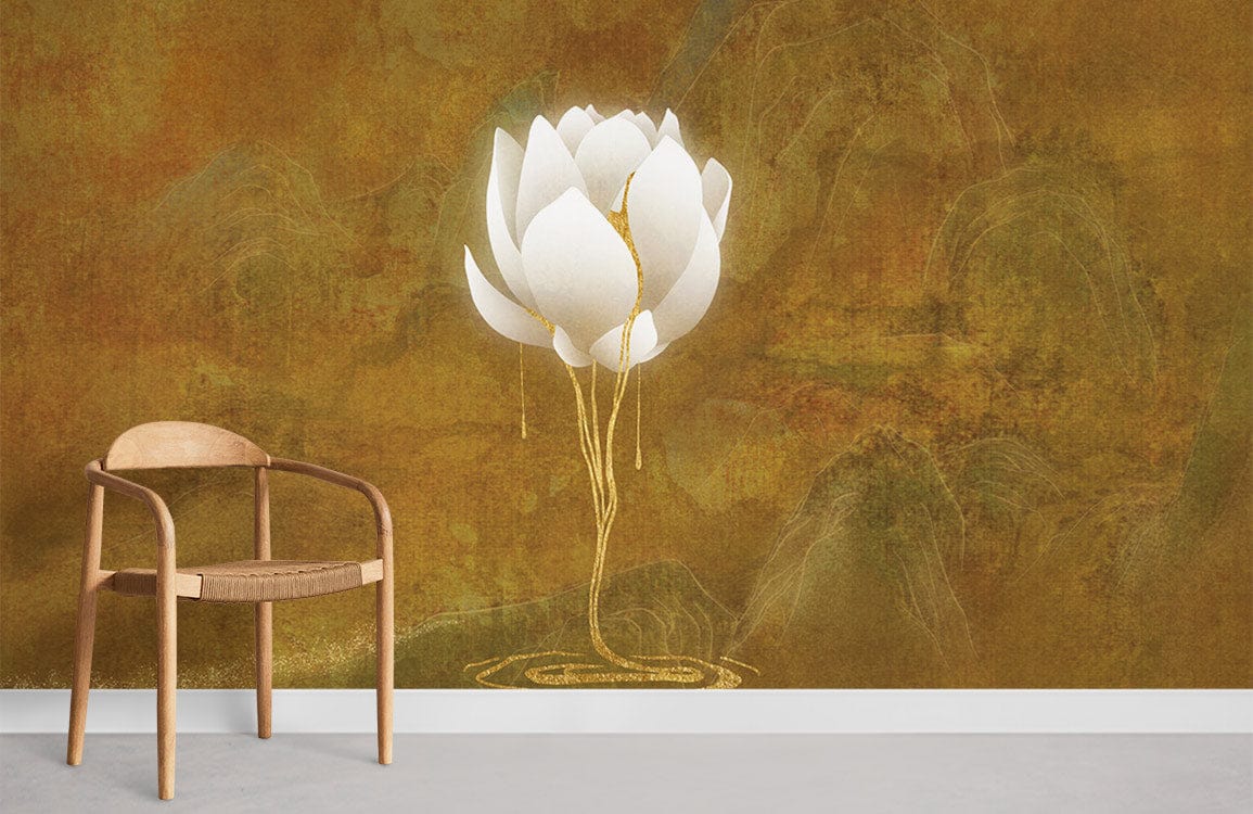 Elegant Lotus Blossom mural in golden brown decor with wooden chair, minimalistic design on grey flooring.