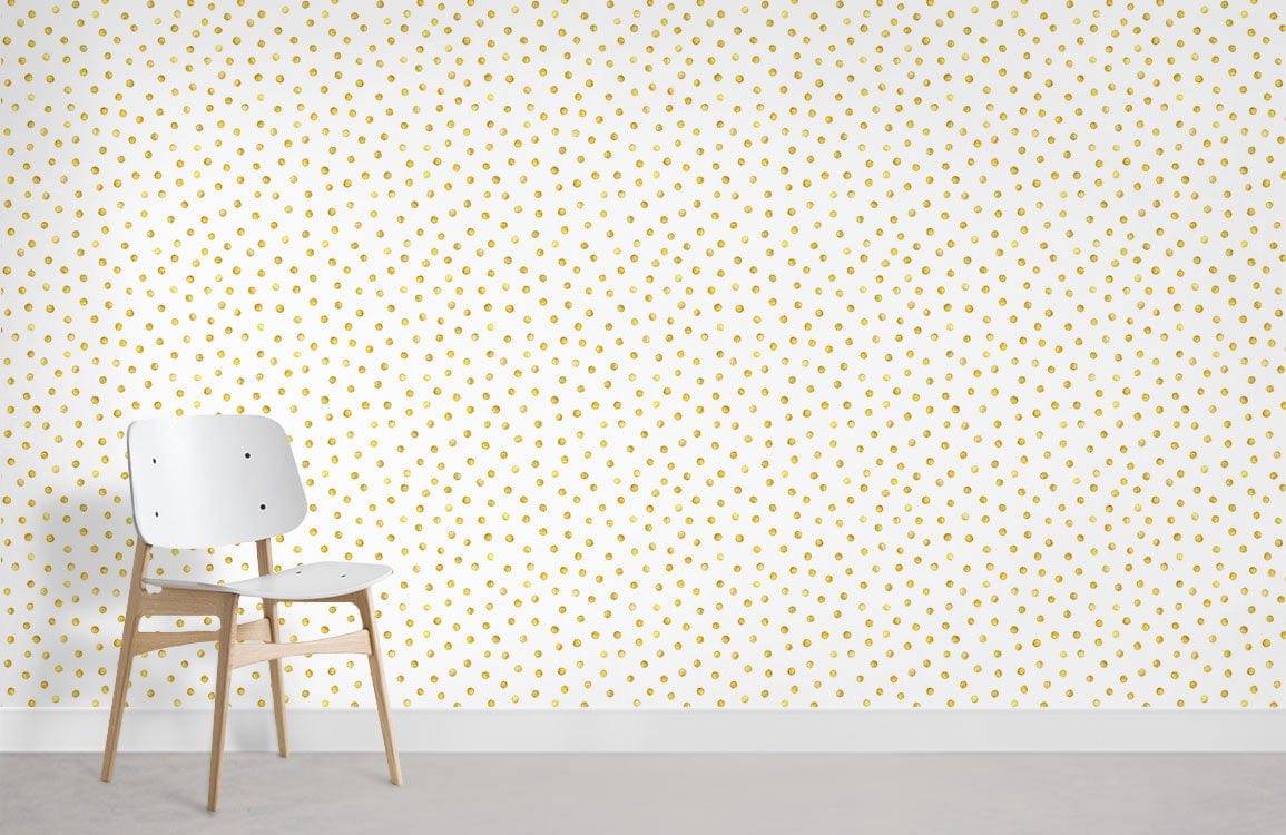 Golden polka dot pattern wallpaper, modern white chair, minimalist home Décor, light grey flooring.