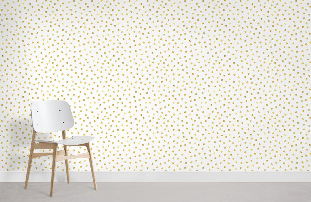 Golden polka dot pattern wallpaper, modern white chair, minimalist home Décor, light grey flooring.