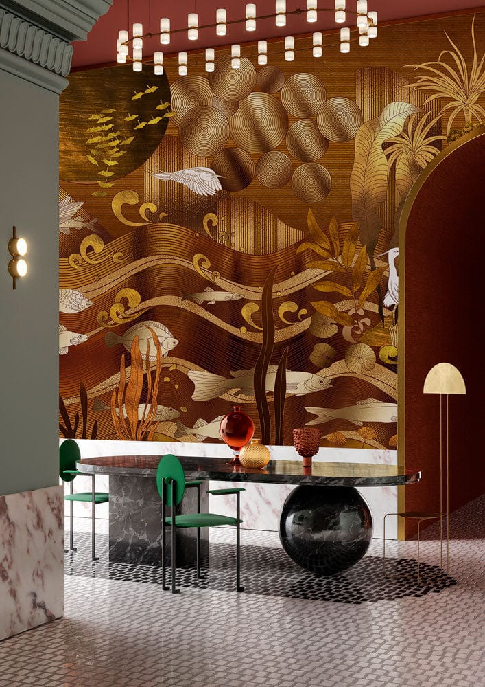 Golden Nature-Inspired Textured Mural Wallpaper with Herons, modern dining room, glass table, green chairs.