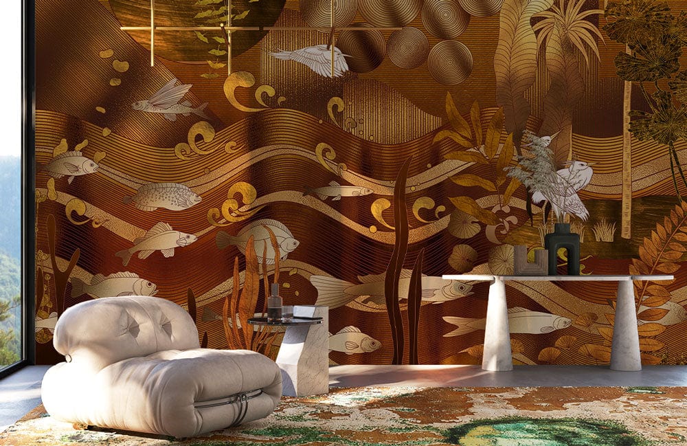 Luxurious living room with golden nature-inspired mural wallpaper, plush white sofa, artistic console table.