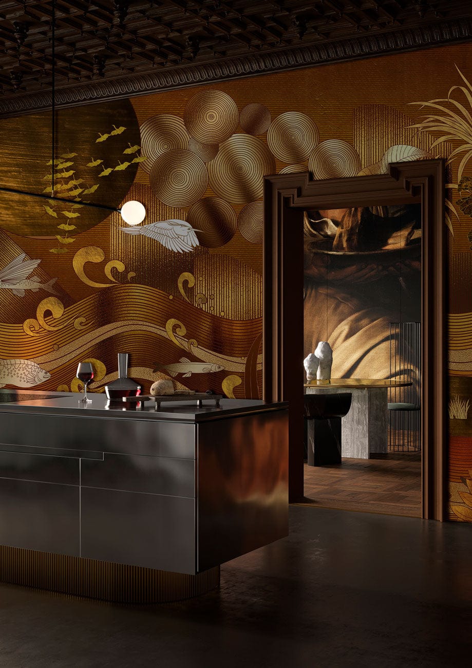 Golden nature-inspired mural wallpaper with herons, kitchen island, warm lighting, textured dark flooring.