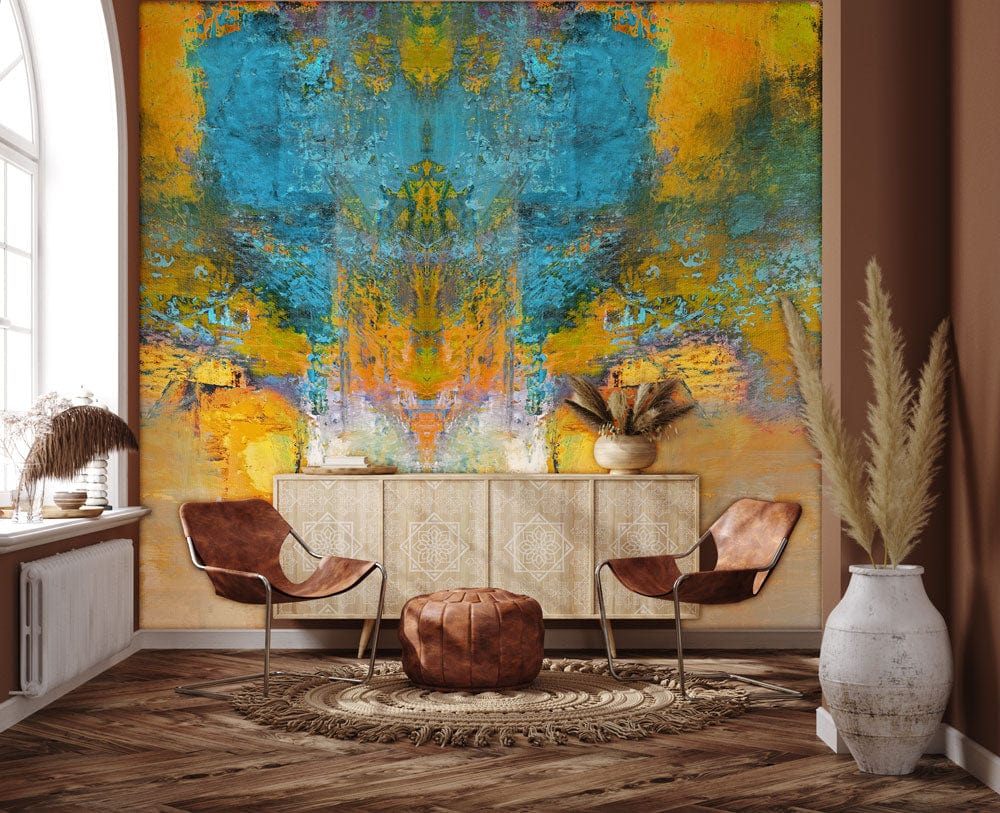 Vibrant abstract blue and gold mural wallpaper, modern interior, brown chairs, wooden flooring, artistic design.