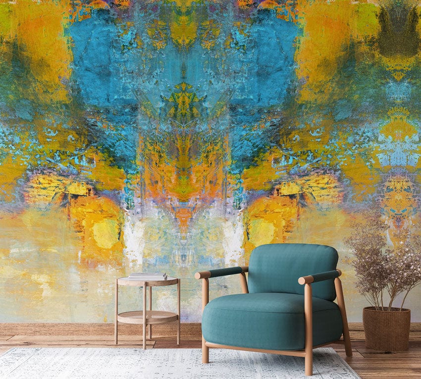 Vibrant abstract mural wallpaper, teal armchair, wooden floor, modern interior, rug, stylish decor elements.
