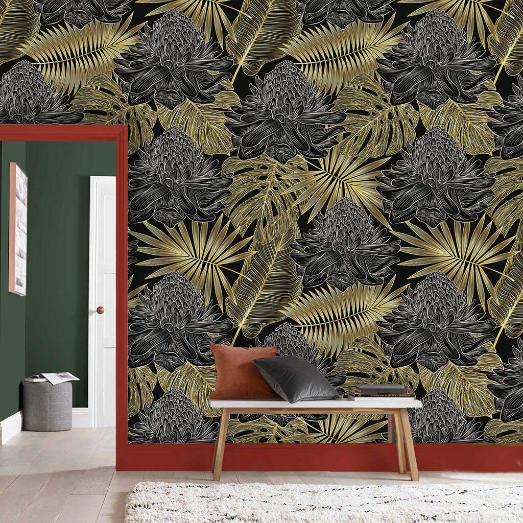 Luxurious black gold floral wallpaper in elegant room with bench, green walls, and a plush rug.