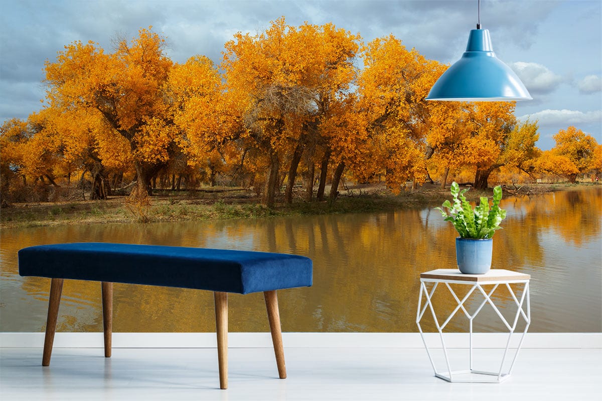 Autumn Gold Forest Mural Wallpaper with blue velvet bench and geometric side table in modern room.