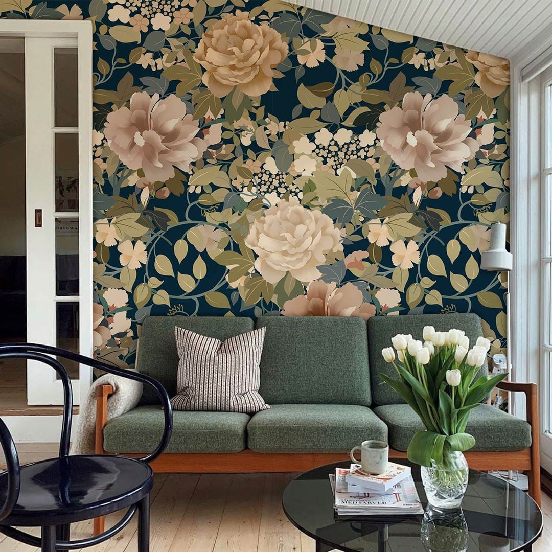 Vintage floral wallpaper in earthy tones, green sofa, modern living room, elegant decor, wooden flooring.