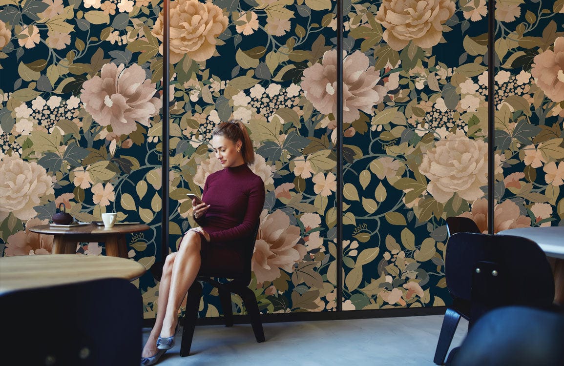 Vintage Floral Garden Wallpaper in Elegant Earthy Tones features floral design with modern cafe seating.