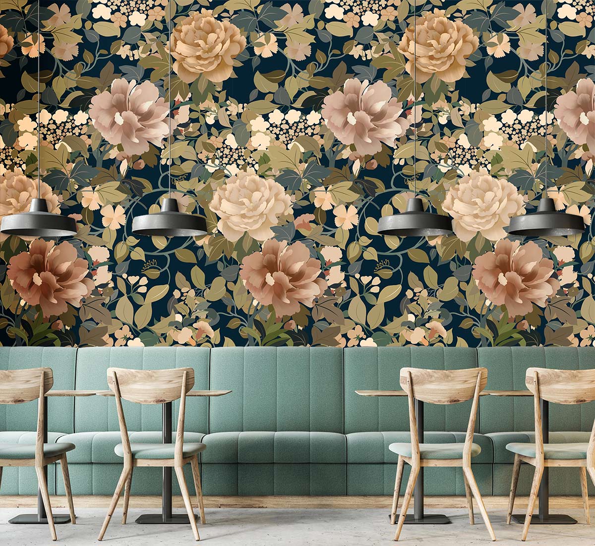 Vintage Floral Garden Mural Wallpaper in earthy tones with teal booth, pendant lights, dining area setup.