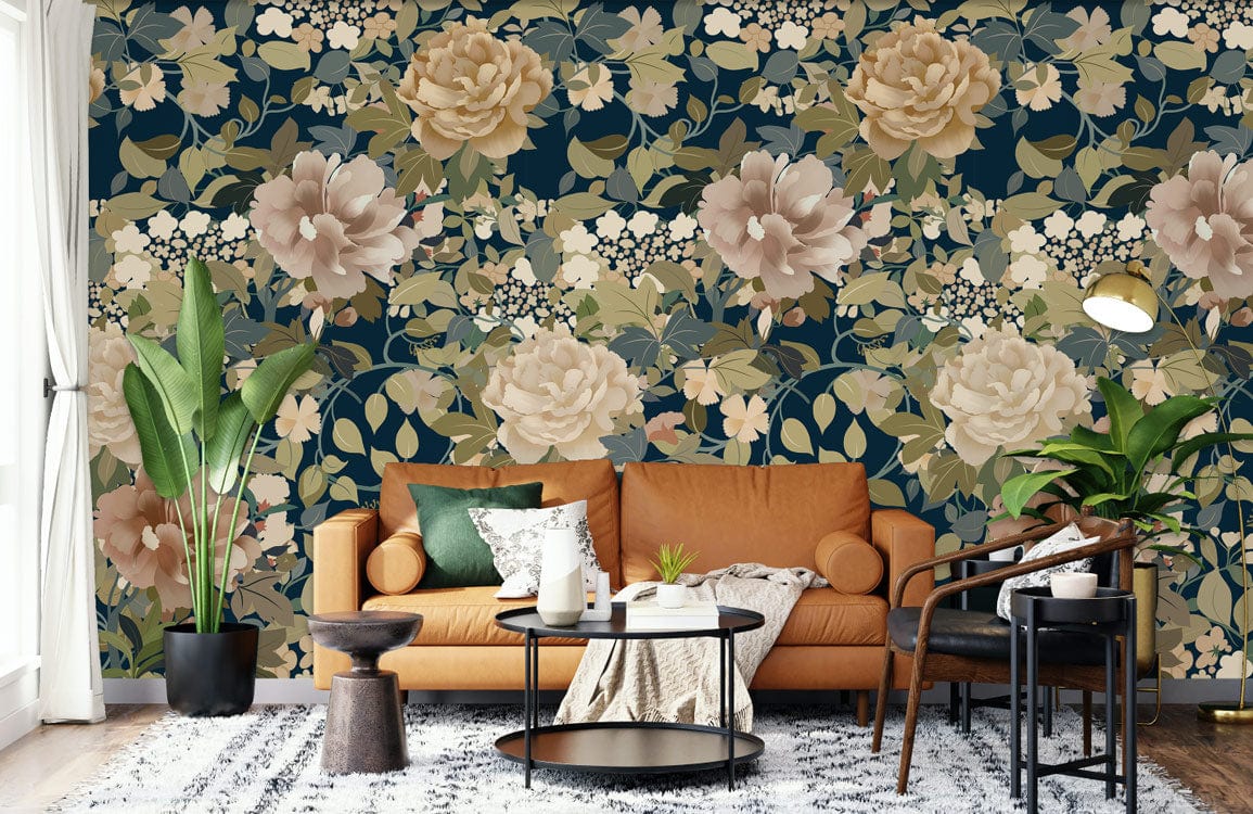 Vintage floral wallpaper with earthy tones, brown sofa, round table in elegant living room setting.