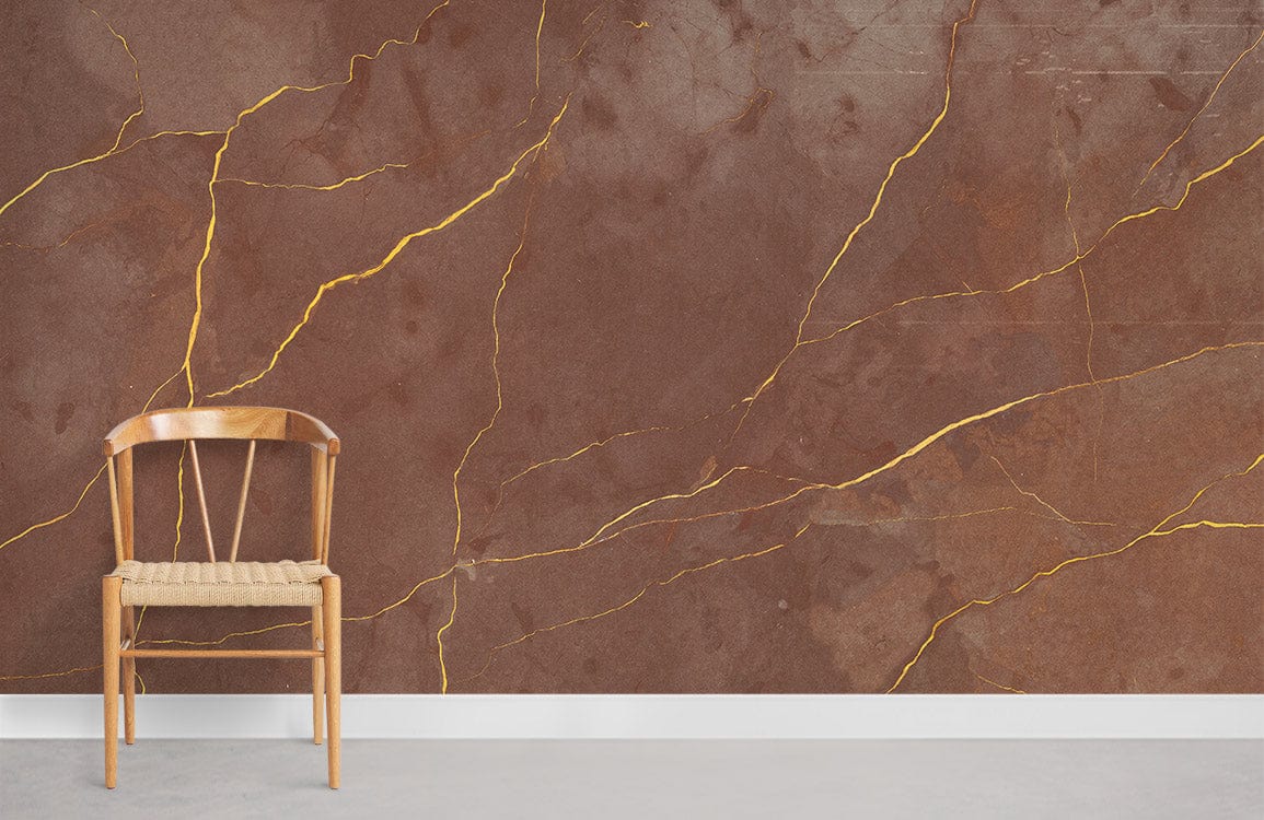 Luxurious brown marble effect wallpaper with gold veins, wooden chair, grey flooring in modern interior.