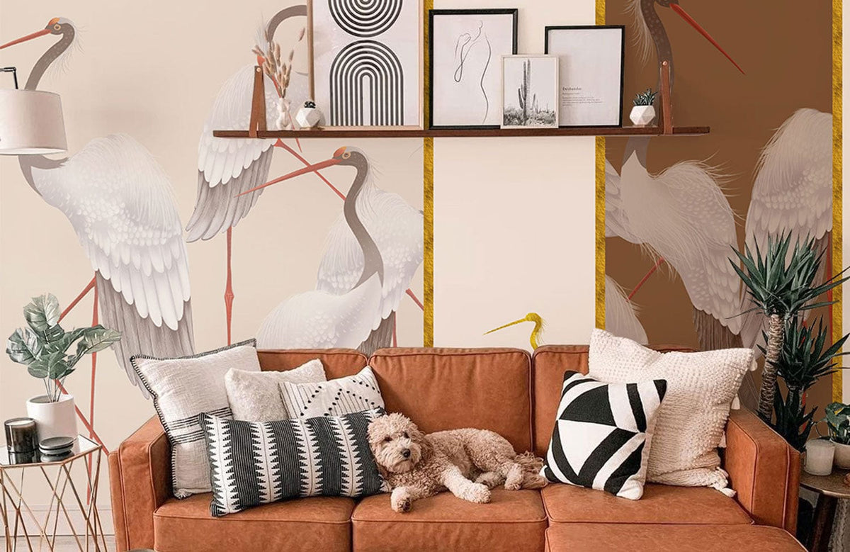 Elegant Crane Mural Wallpaper with brown sofa, earthy tones, neutral wall, stylish shelf, and cushions.