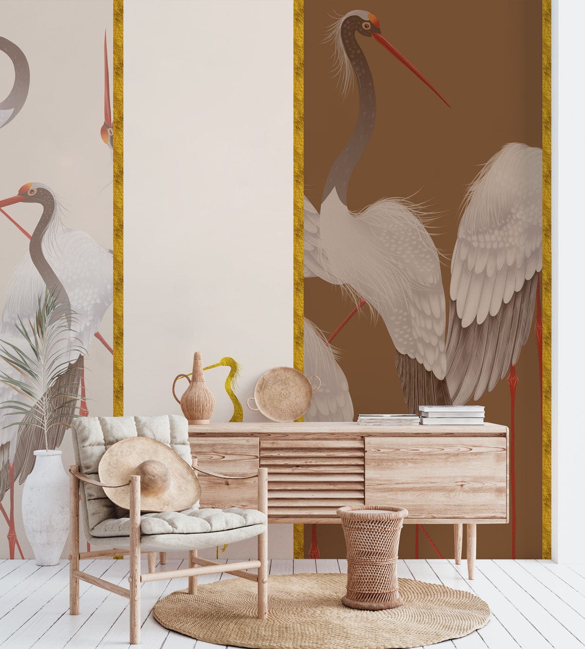 Elegant Crane Mural Wallpaper, Crane Design, chair, wooden cabinet, wicker rug, neutral tones interior.