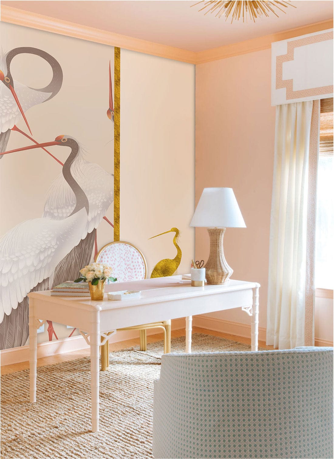 Elegant Crane Design Mural Wallpaper, neutral tones, creamy white desk, textured rug, cosy home office.