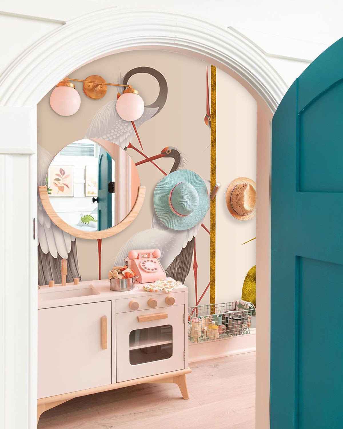 Elegant Crane Design Mural Wallpaper with pastel play kitchen, arched doorway, and wooden flooring.