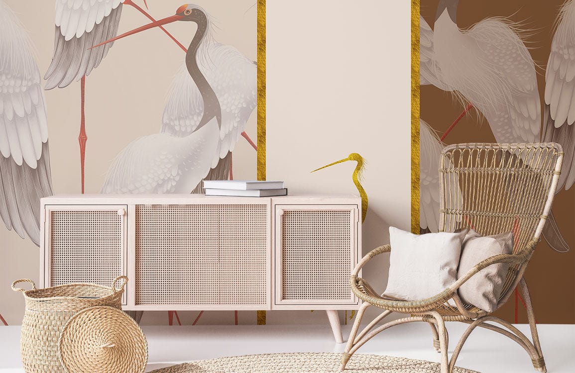Elegant Crane Mural Wallpaper with wicker chair, cream cabinet, neutral tones, and natural fibre rug.