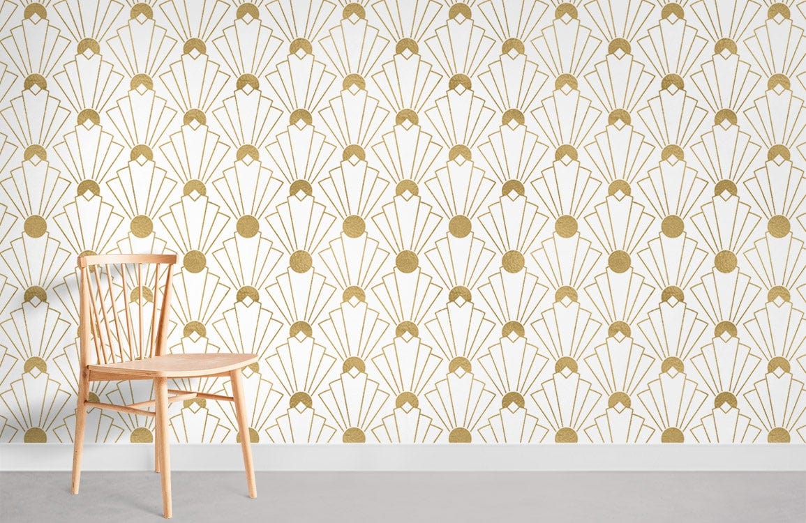Elegant Gold Art Deco Fan Pattern Wallpaper with wooden chair on grey flooring in modern interior.