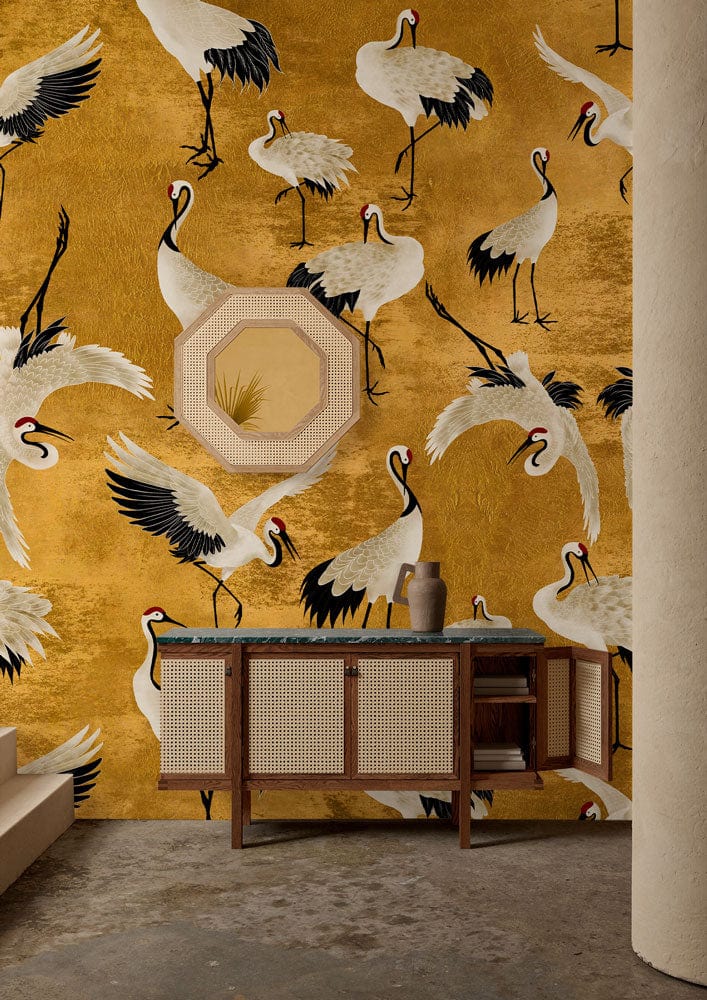 Elegant Golden Crane Wallpaper in vintage design; wooden sideboard; Oriental bird motif; room Décor.